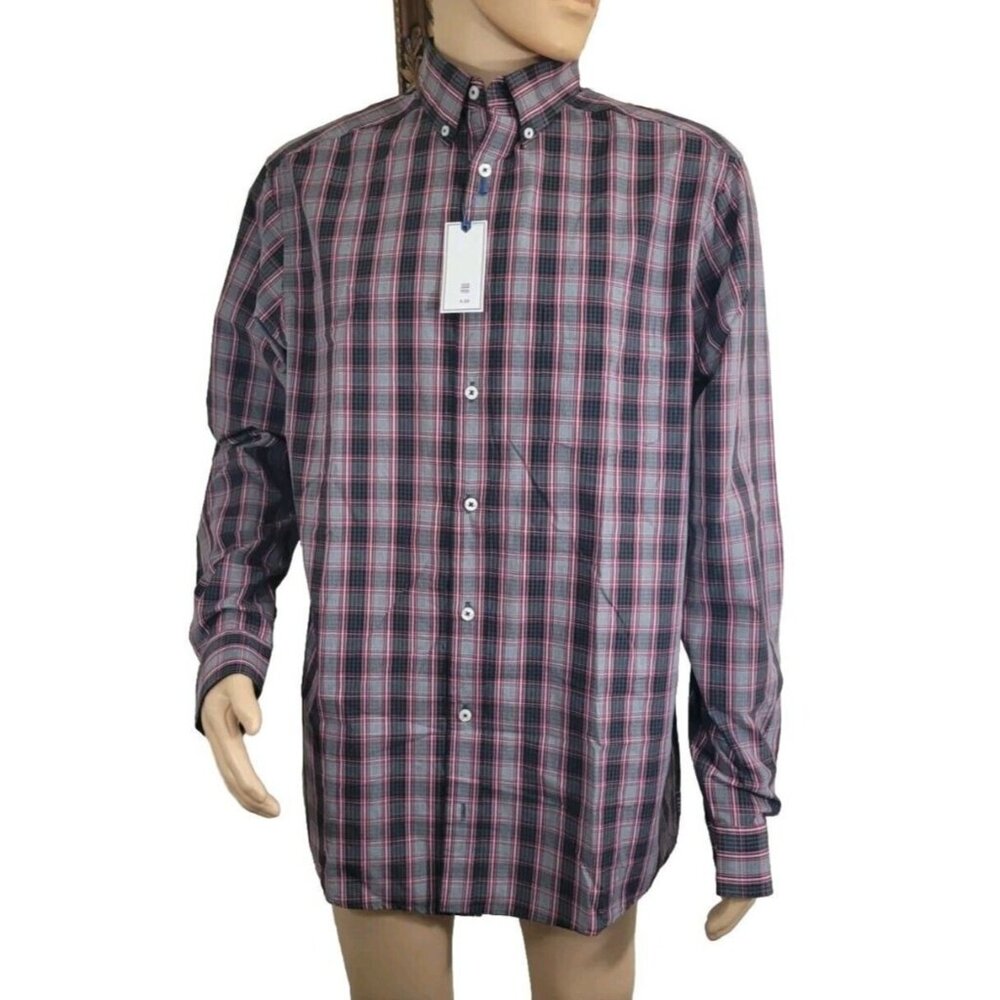 Rowm Men's Shirt Size LT Tall Gray Red Long Sleeve Button Up Plaid Cotton 33 - Picture 1 of 6